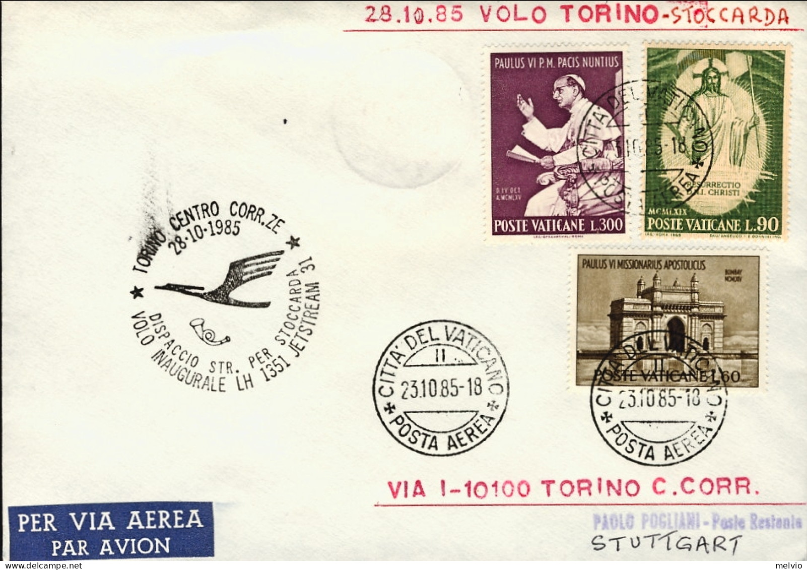 Vaticano-1985  I^volo Lufthansa LH 1351 Torino Stoccarda Del 28 Ottobre - Luchtpost