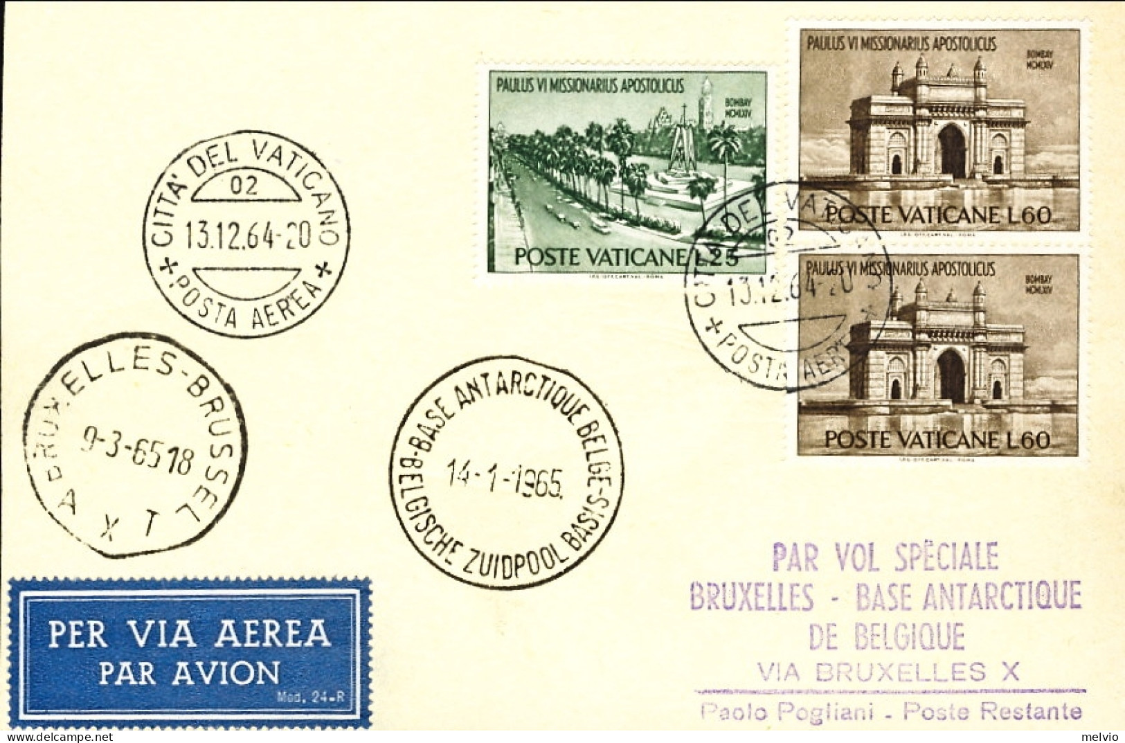 Vaticano-1965 Cartolina Diretta In Belgio Per Volo Speciale Bruxelles Base Antar - Luftpost