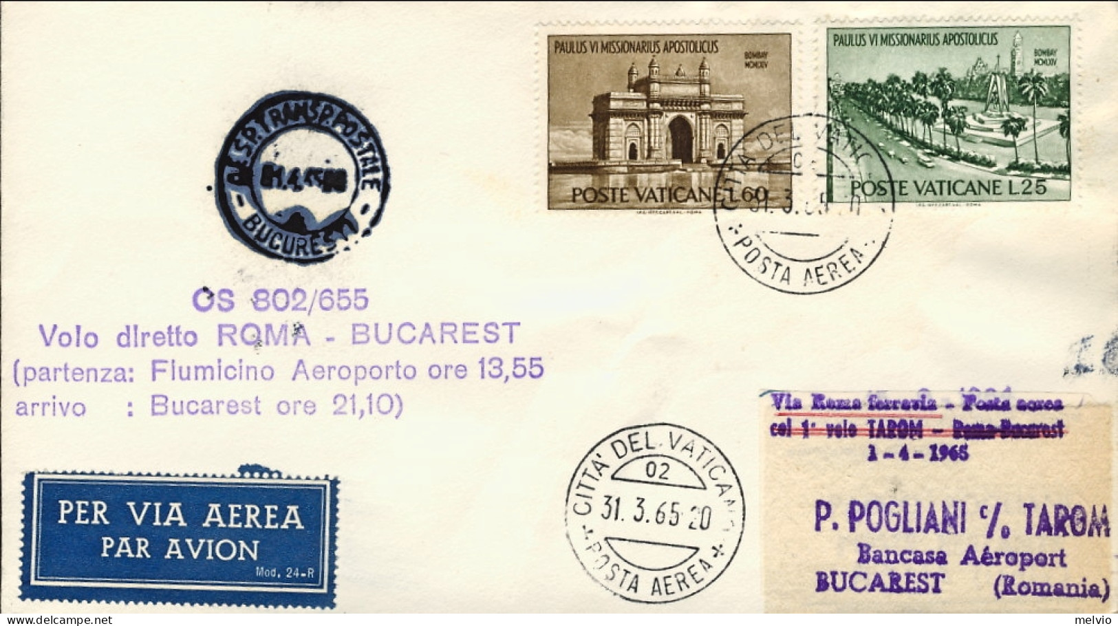 Vaticano-1967 I^volo Roma Bucarest (Bucharest) Del 1 Aprile (50 Pezzi Trasportat - Luchtpost