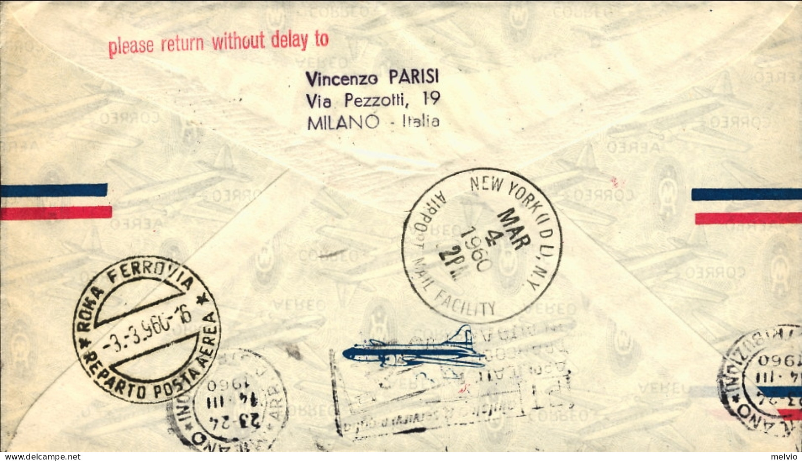 Vaticano-1960 I^volo Alitalia Roma New York Del 3 Marzo Non Catalogato Dal Pelle - Airmail