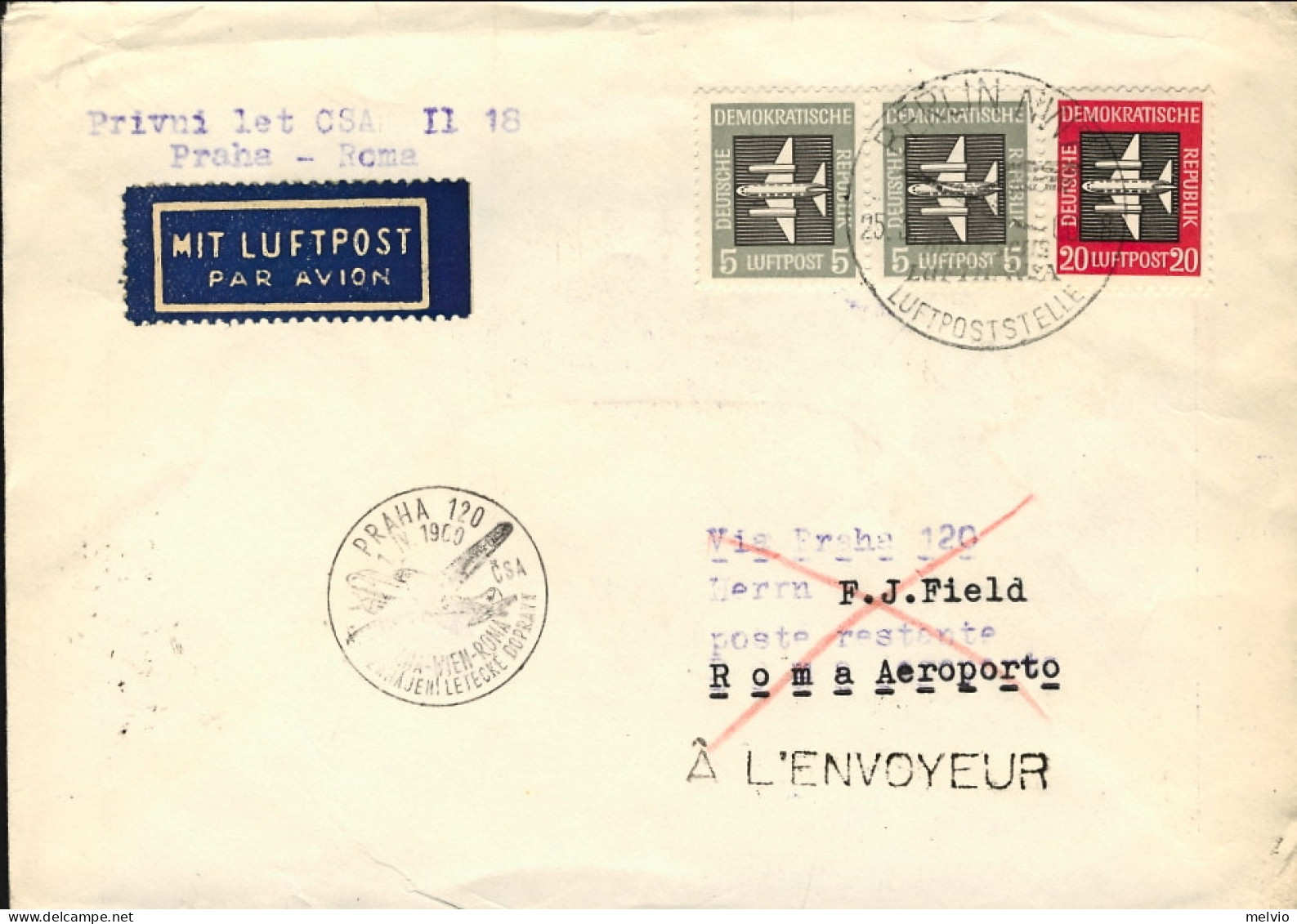 1960-Germania DDR I^volo CSA Praga Roma Del 1 Aprile, Non Quotato Dal Cat.Pelleg - Cartas & Documentos