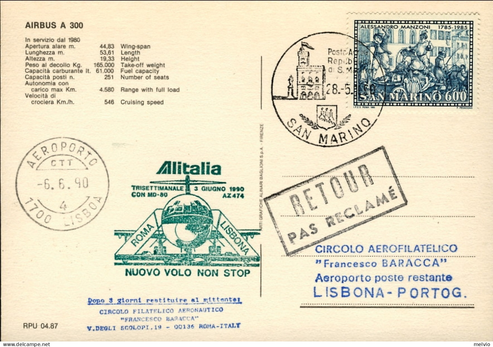San Marino-1990 Cartolina Illustrata Aereo Airbus A 300 Bollo Nuovo Volo Non Sto - Poste Aérienne