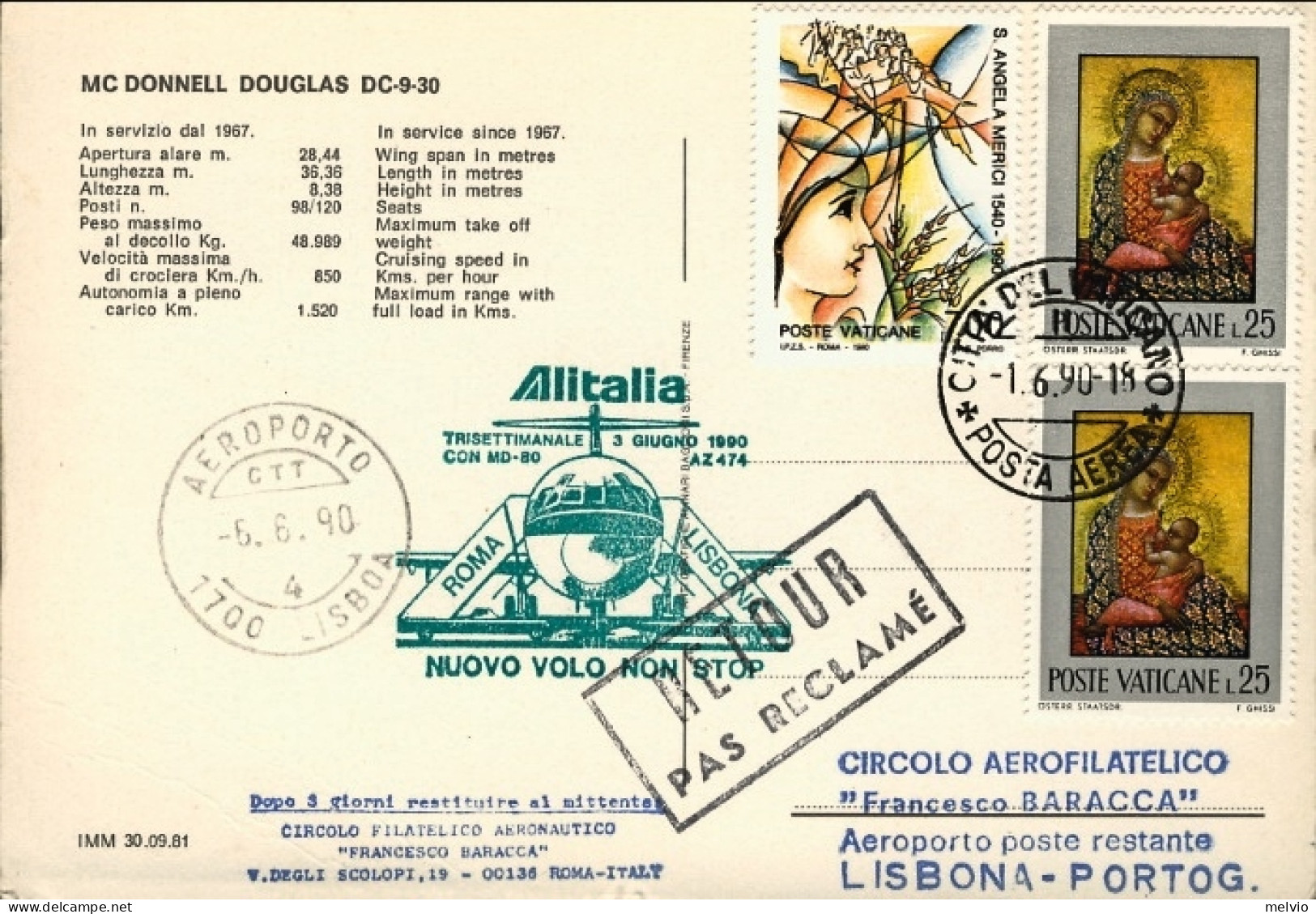 Vaticano-1990 Cartolina Illustrata Aereo Douglas DC 9 Bollo Nuovo Volo Non Stop  - Posta Aerea