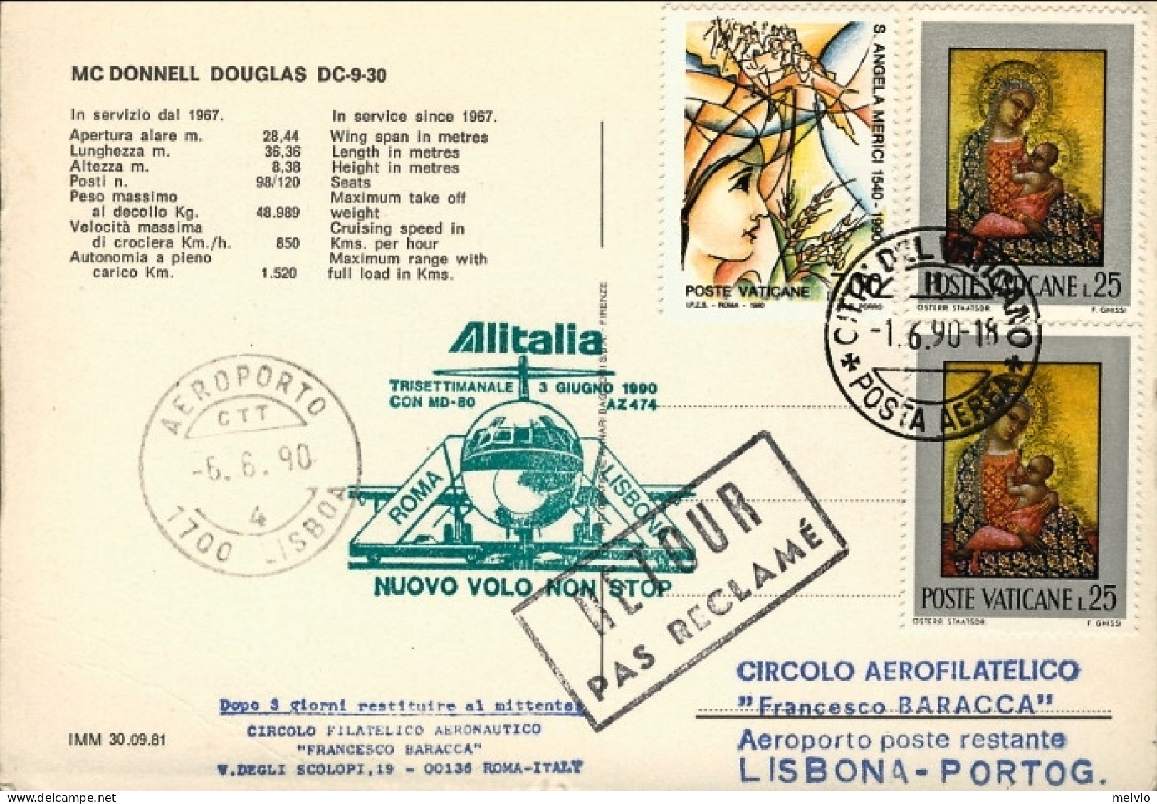 Vaticano-1990 Cartolina Illustrata Aereo Douglas DC 9 Bollo Nuovo Volo Non Stop  - Luftpost