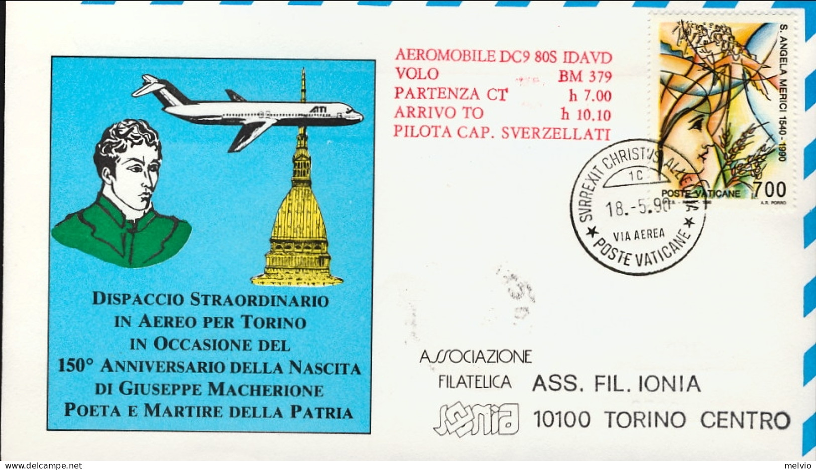 Vaticano-1990 Celebrazioni 150^ Anniversario Nascita Di Macherione Volo ATI Con  - Airmail