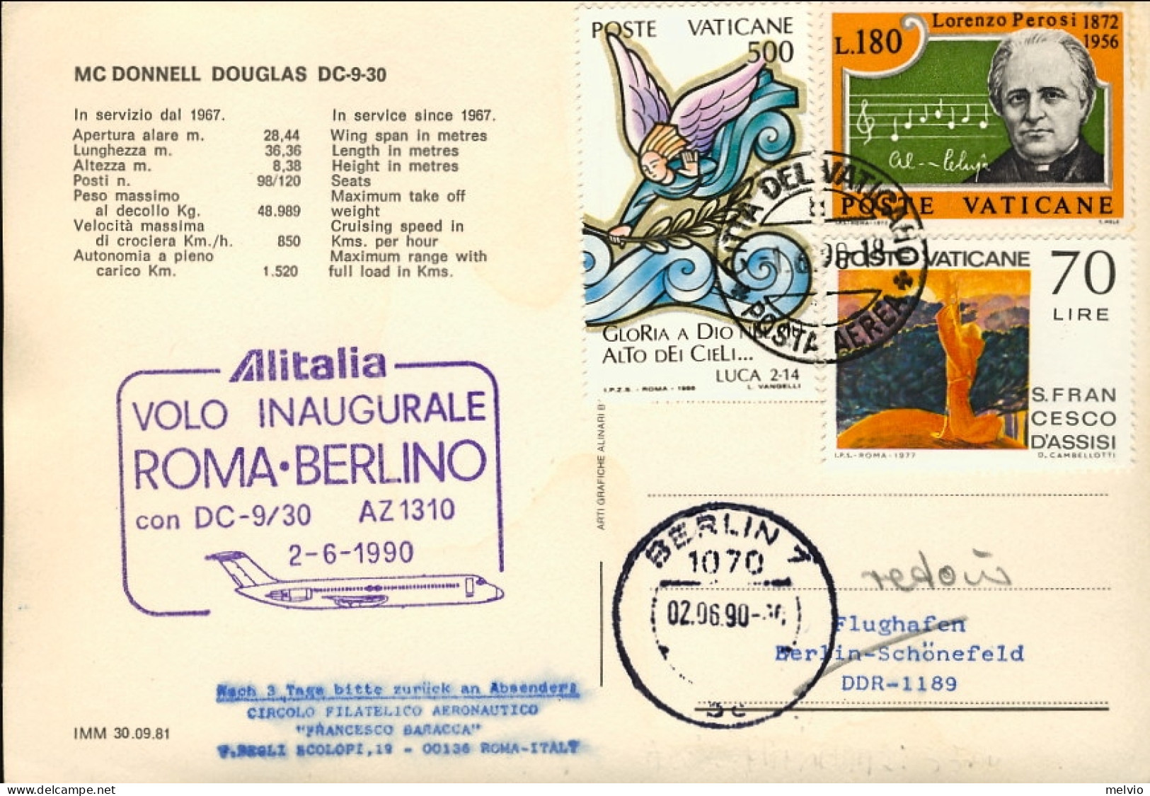 Vaticano-1990 Cartolina Illustrata Aereo Douglas DC 9 Bollo I^volo Alitalia Roma - Luftpost