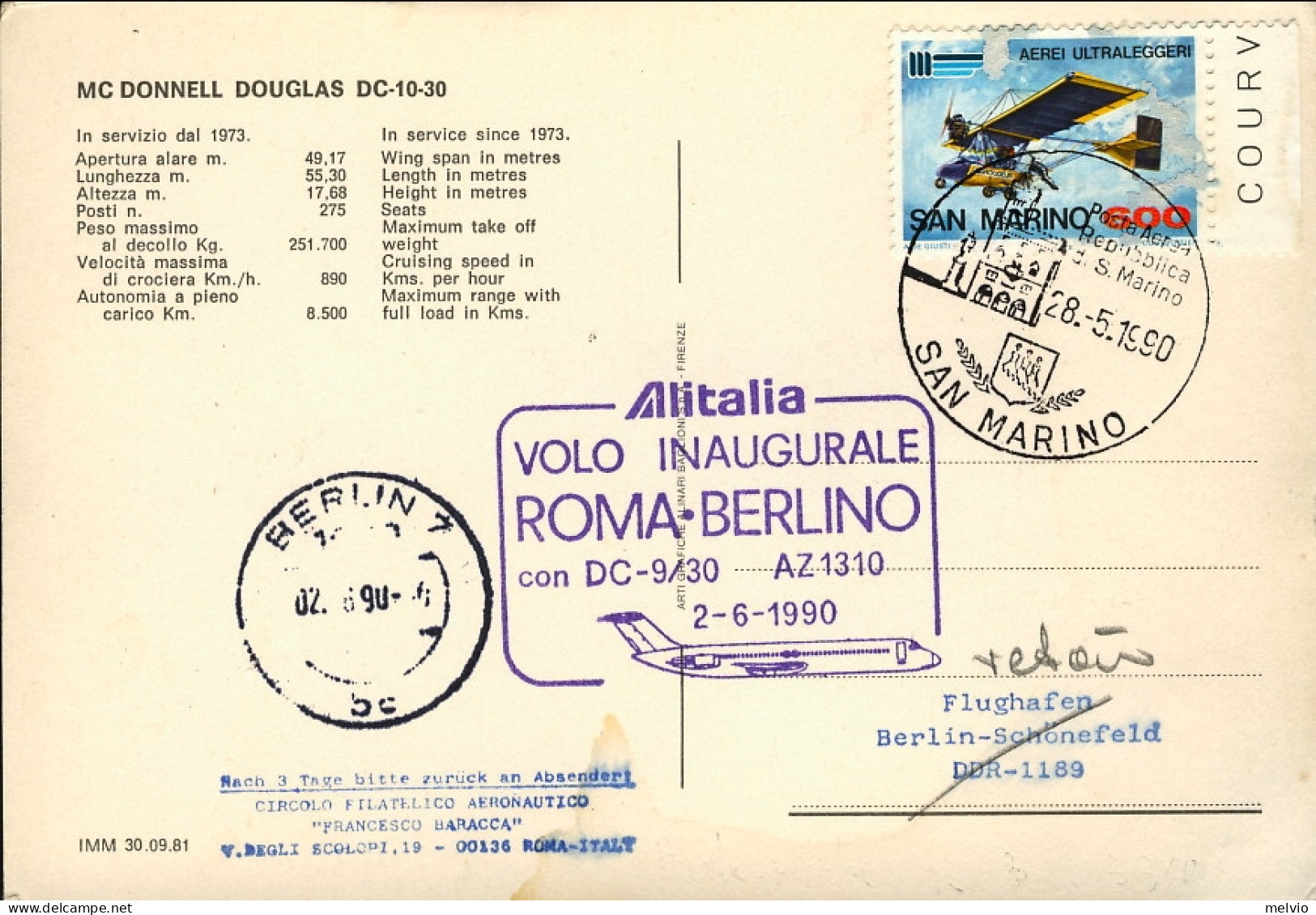 San Marino-1990 Cartolina Illustrata Aereo Douglas DC 9 Bollo I^volo Alitalia Ro - Poste Aérienne