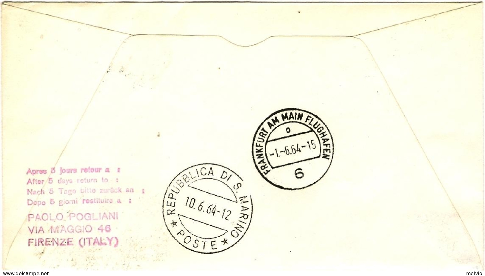 San Marino-1965 I^volo Lufthansa LH 337 Milano Francoforte Del 1 Aprile - Airmail