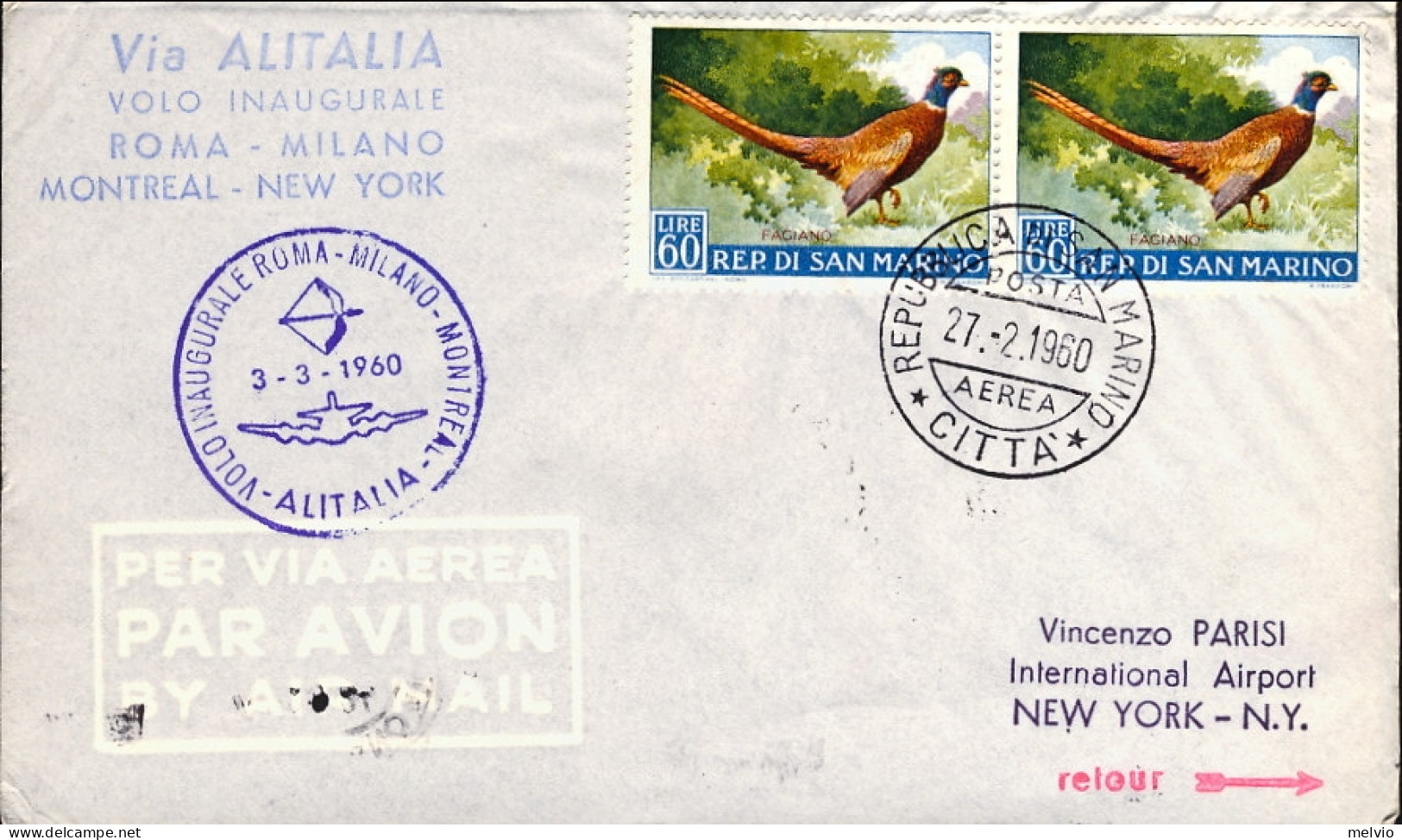 San Marino-1960 I^volo Alitalia Roma Milano Montreal Del 3 Marzo, (25 Pezzi Tras - Luftpost