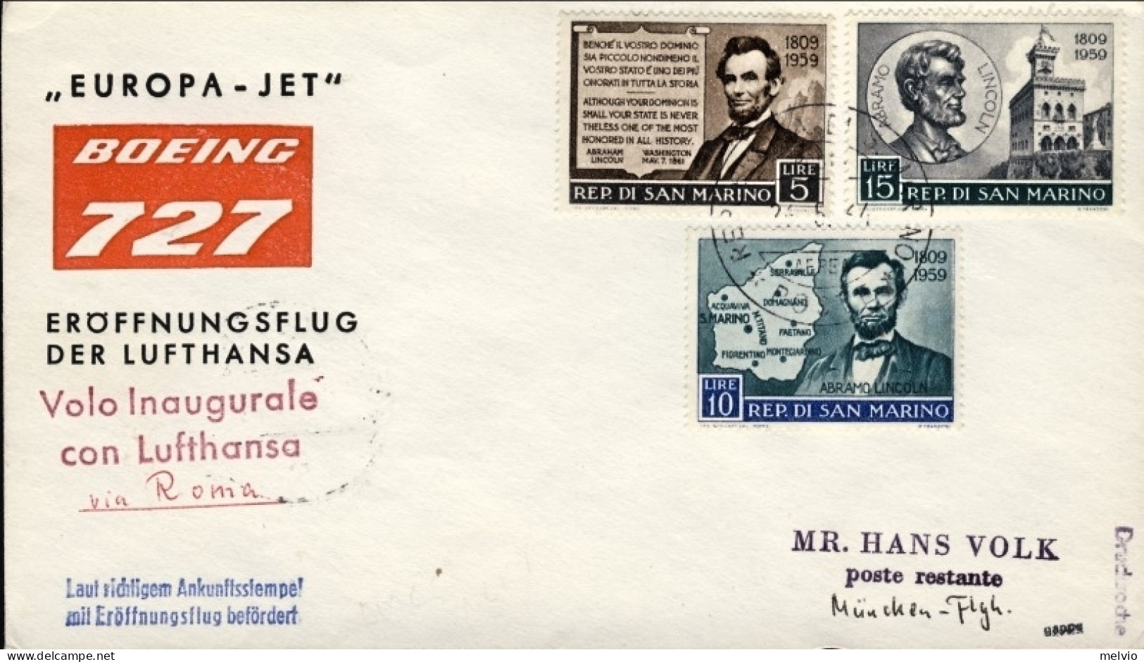 San Marino-1964 Europa Jet I^volo Con Lufthansa Roma Monaco Del 1 Luglio.RRR Non - Airmail