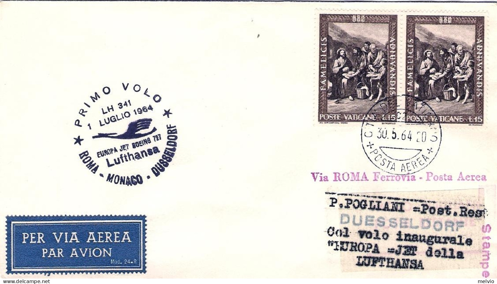 Vaticano-1964 I^volo Lufthansa LH 341 Roma Dusseldorf Del 1 Luglio - Airmail