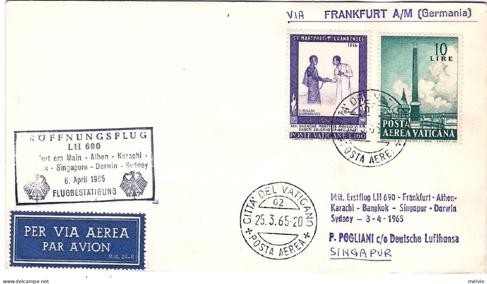 Vaticano-1965 I^volo LH 690 Via Francoforte Diretto A Singapore Del 6 Aprile - Singapour (1959-...)