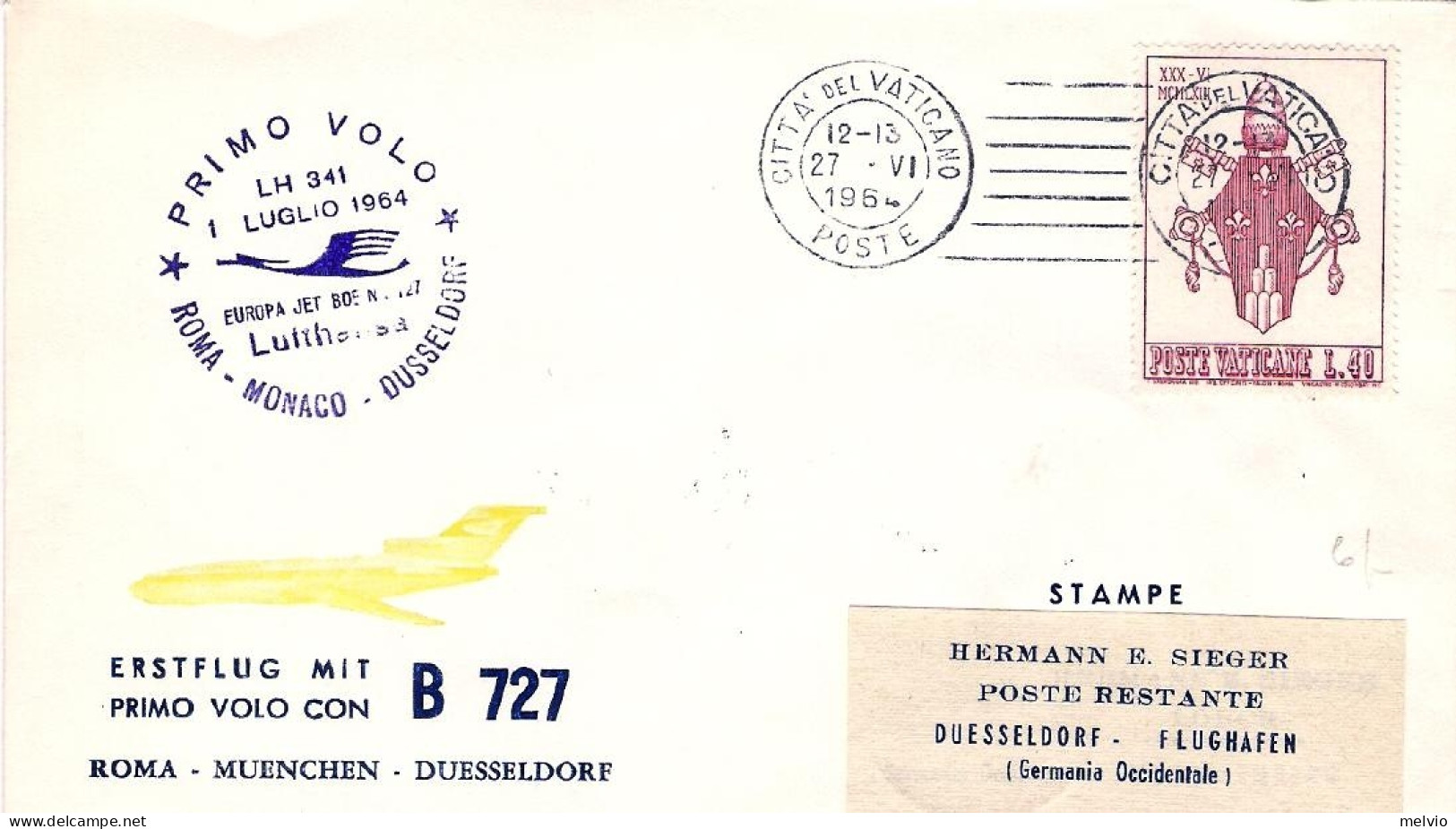 Vaticano-1964 I^volo Roma Dusseldorf Del 1 Luglio - Poste Aérienne