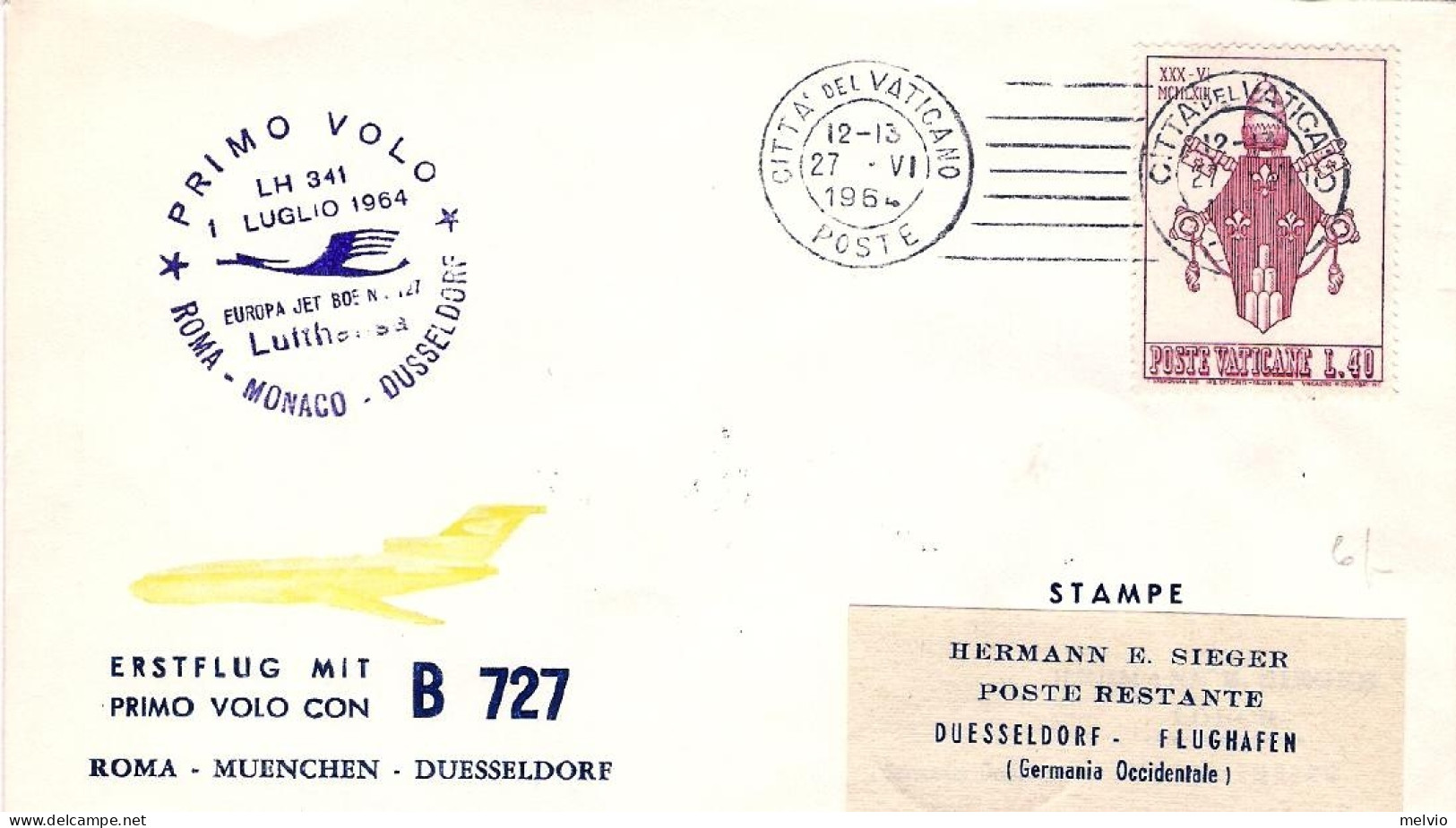 Vaticano-1964 I^volo Roma Dusseldorf Del 1 Luglio - Airmail