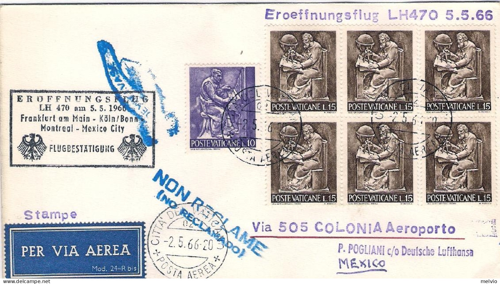 1965-Vaticano I^volo LH 470 Via Colonia Diretto A Citta' Del Messico Del 2 Maggi - Briefe U. Dokumente