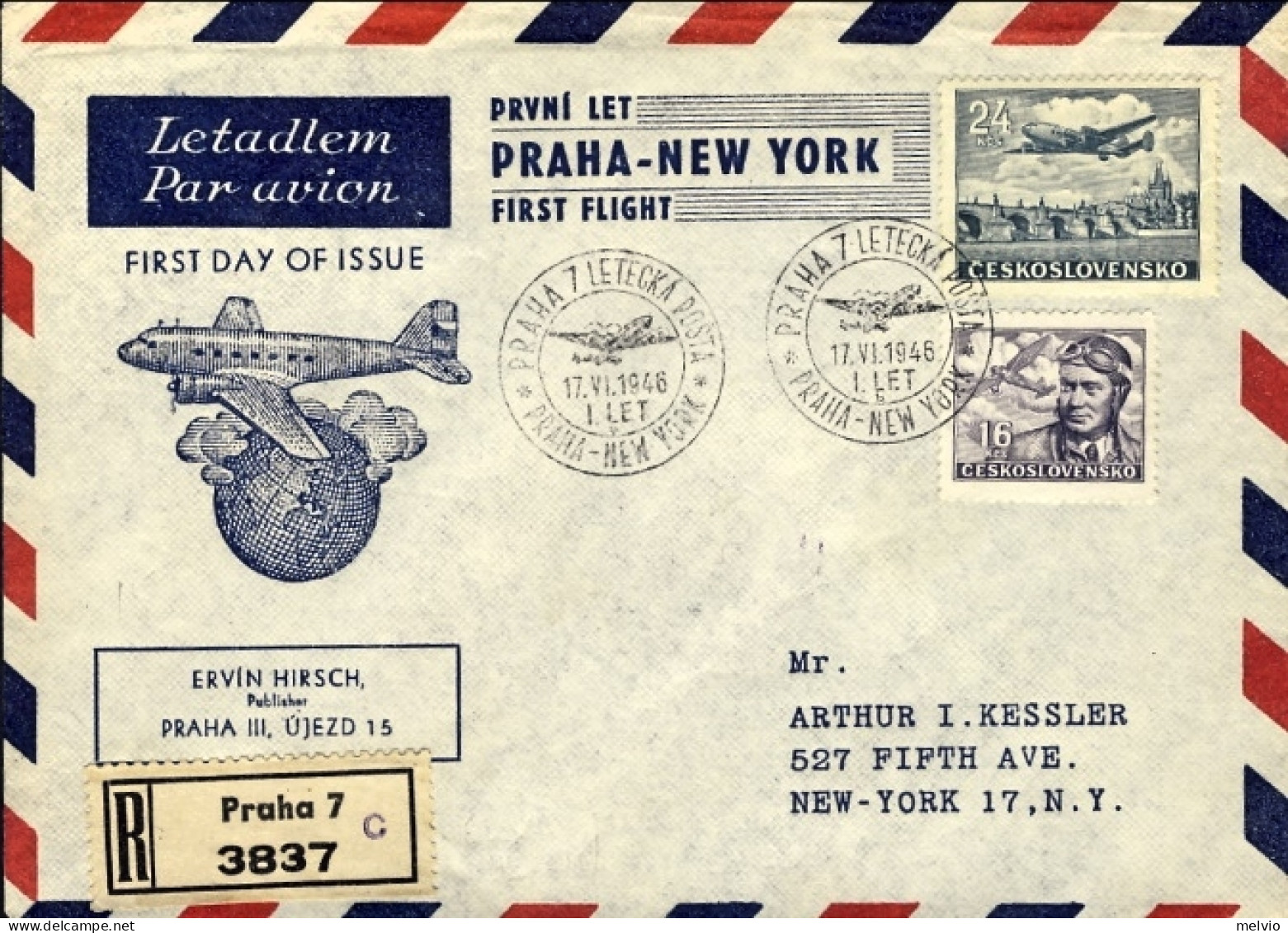 1946-Cecoslovacchia Volo Speciale Praga New York Del 17 Giugno, Raccomandata Ill - Aerograms