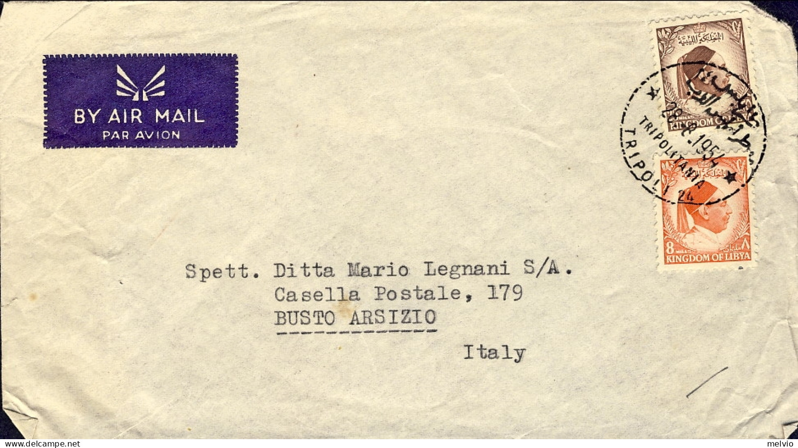 1954-Libia Busta Via Aerea Diretta In Italia Affrancata 8m.+25m.Re Idriss - Libia