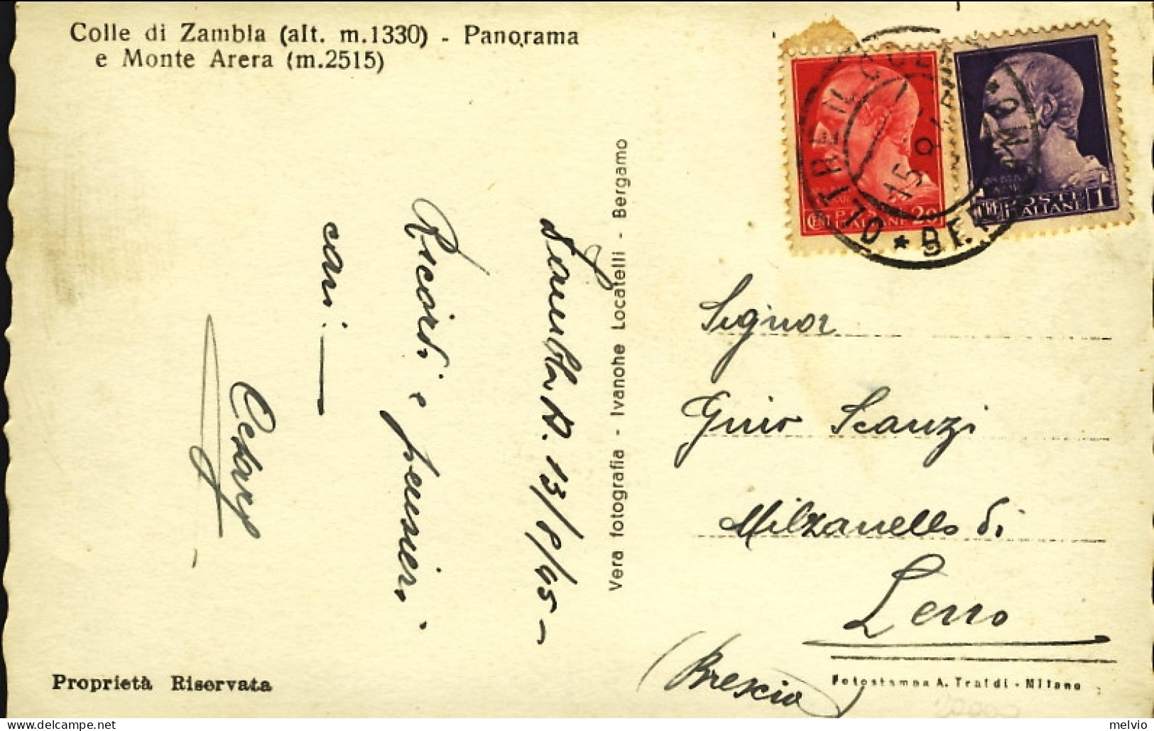 1945-cartolina Foto Colle Di Zambla E Monte Arera Affrancata 20c.+L.1 Imperiale  - Bergamo