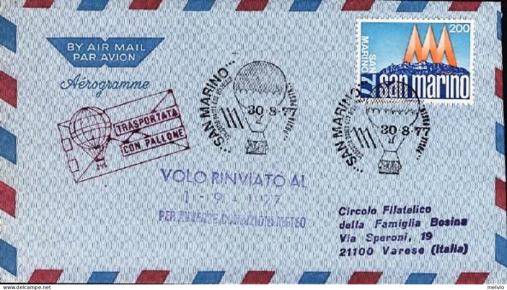 San Marino-1977 Busta Raccomandata Volo Aerostatico X San Marino 77 Volo Rinviat - Airmail