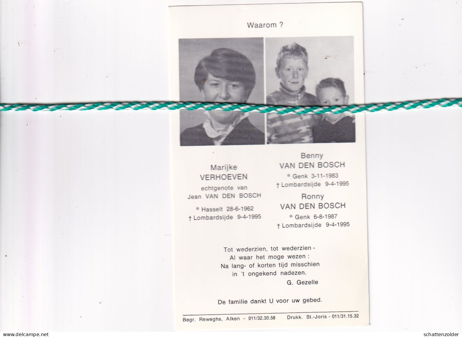 Marijke Verhoeven-Van Den Bosch (Hasselt,1962), Benny (Genk,1983) En Ronny (Genk,1987), Lombardsijde 1995. Foto - Obituary Notices
