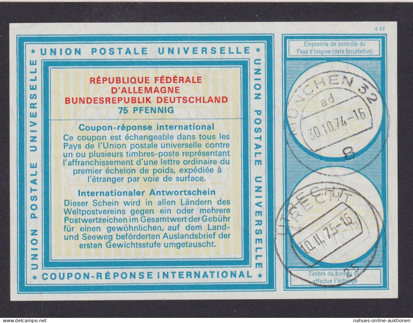 München 32 Utrecht Bundesrepublik Int. Antwortschein 75 Pfg. République Fédérale - Covers & Documents