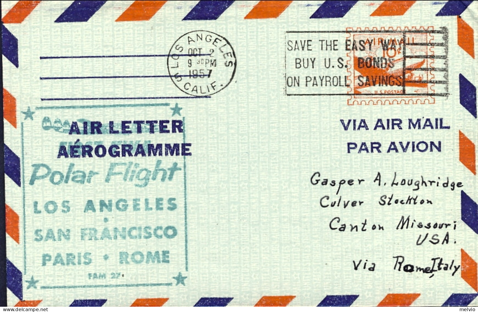 1957-U.S.A. Cat.Pellegrini Euro 90, I^volo Polare TWA Los Angeles San Francisco  - Autres & Non Classés