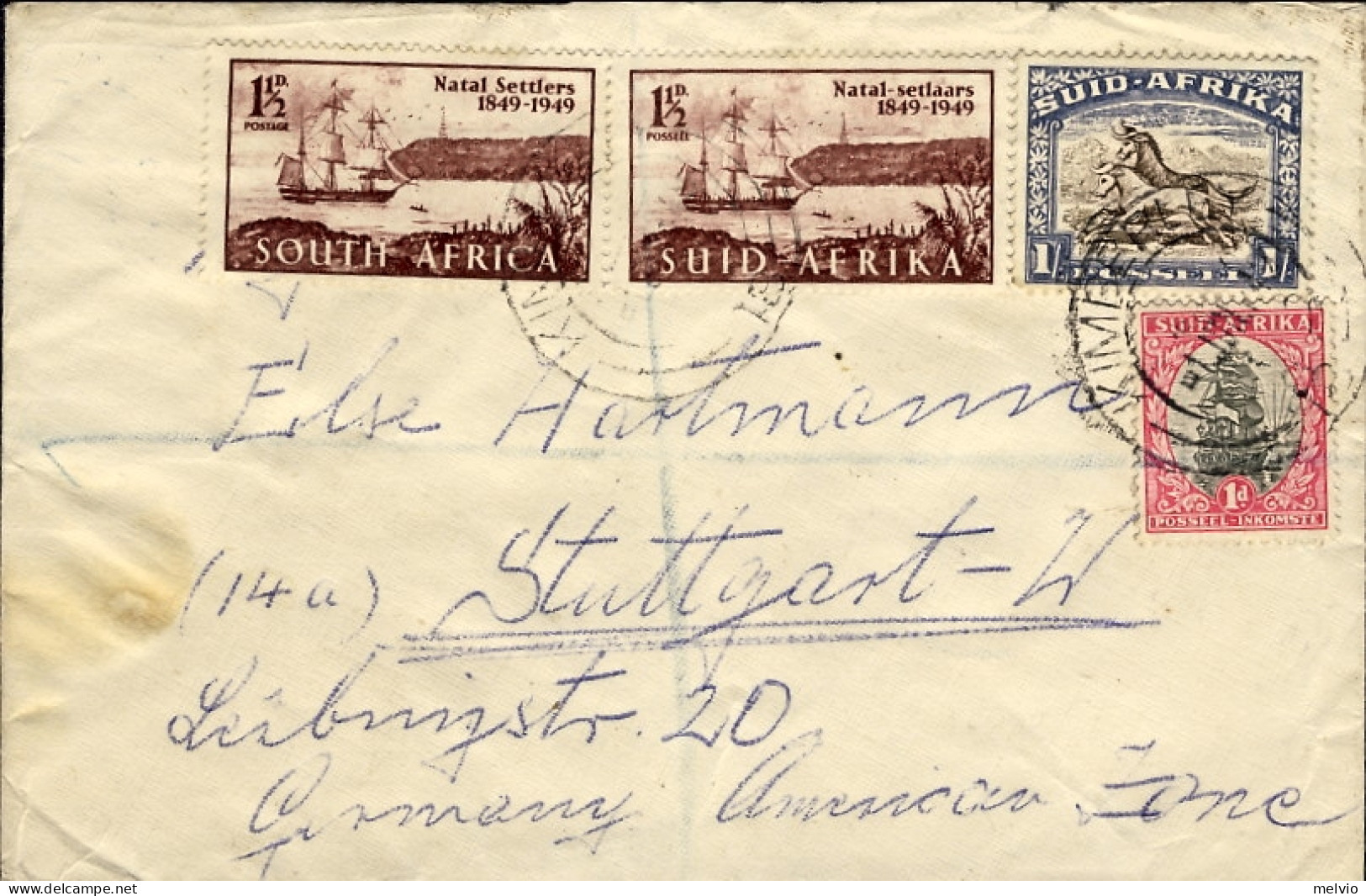 1949-Africa Del Sud Lettera Diretta A Stoccarda Germania Zona Americana - Covers & Documents