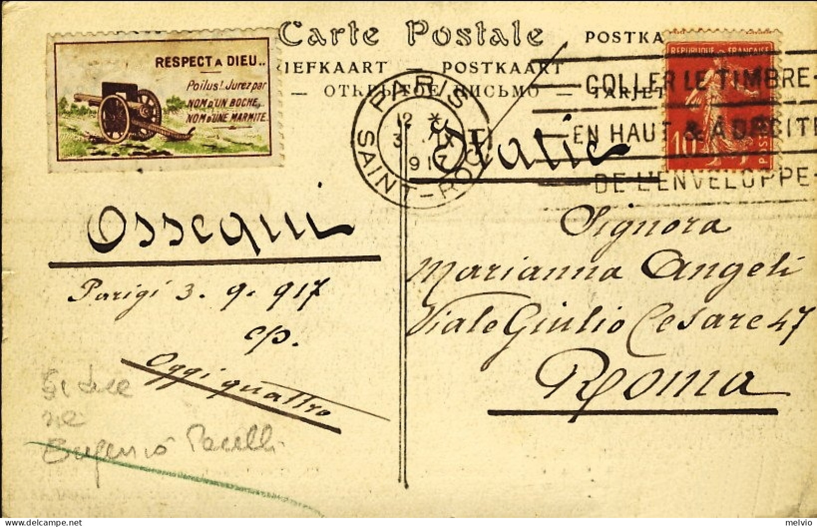 1917-France Francia Cartolina Illustrata Affr. 10c.Seminatrice+erinnofilo Dirett - 1877-1920: Semi-Moderne