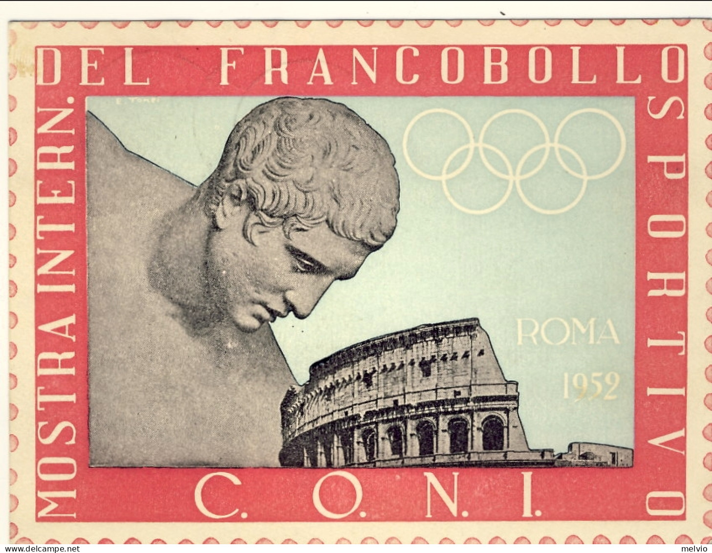 1952-Francobollo Sportivo L.20 Isolato Su Cartolina CONI I Mostra Internazionale - Erinnophilie