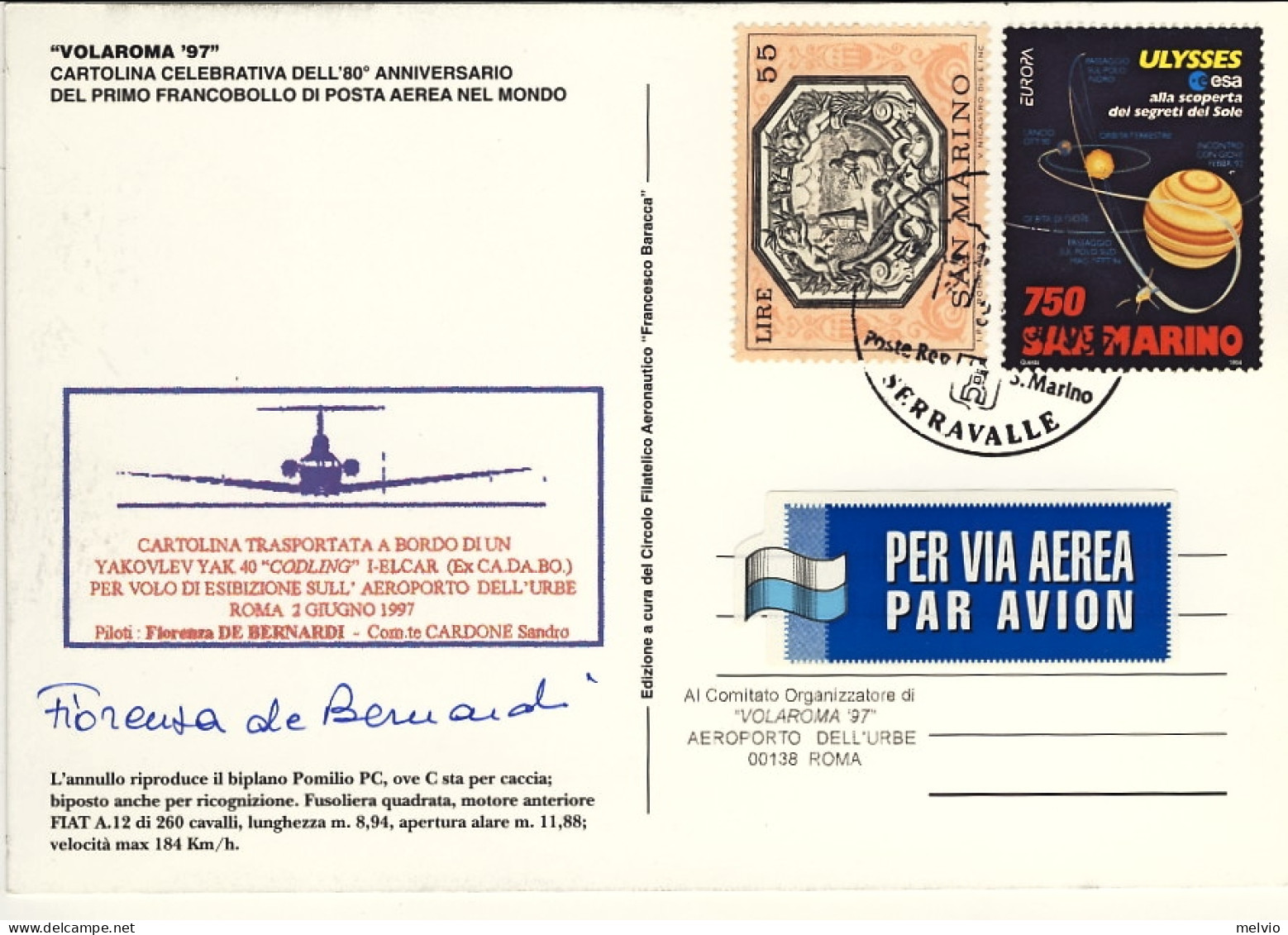 1997-San Marino Cartolina Illustrata 80 Anniversario I^volo Postale Torino Roma, - Luchtpost