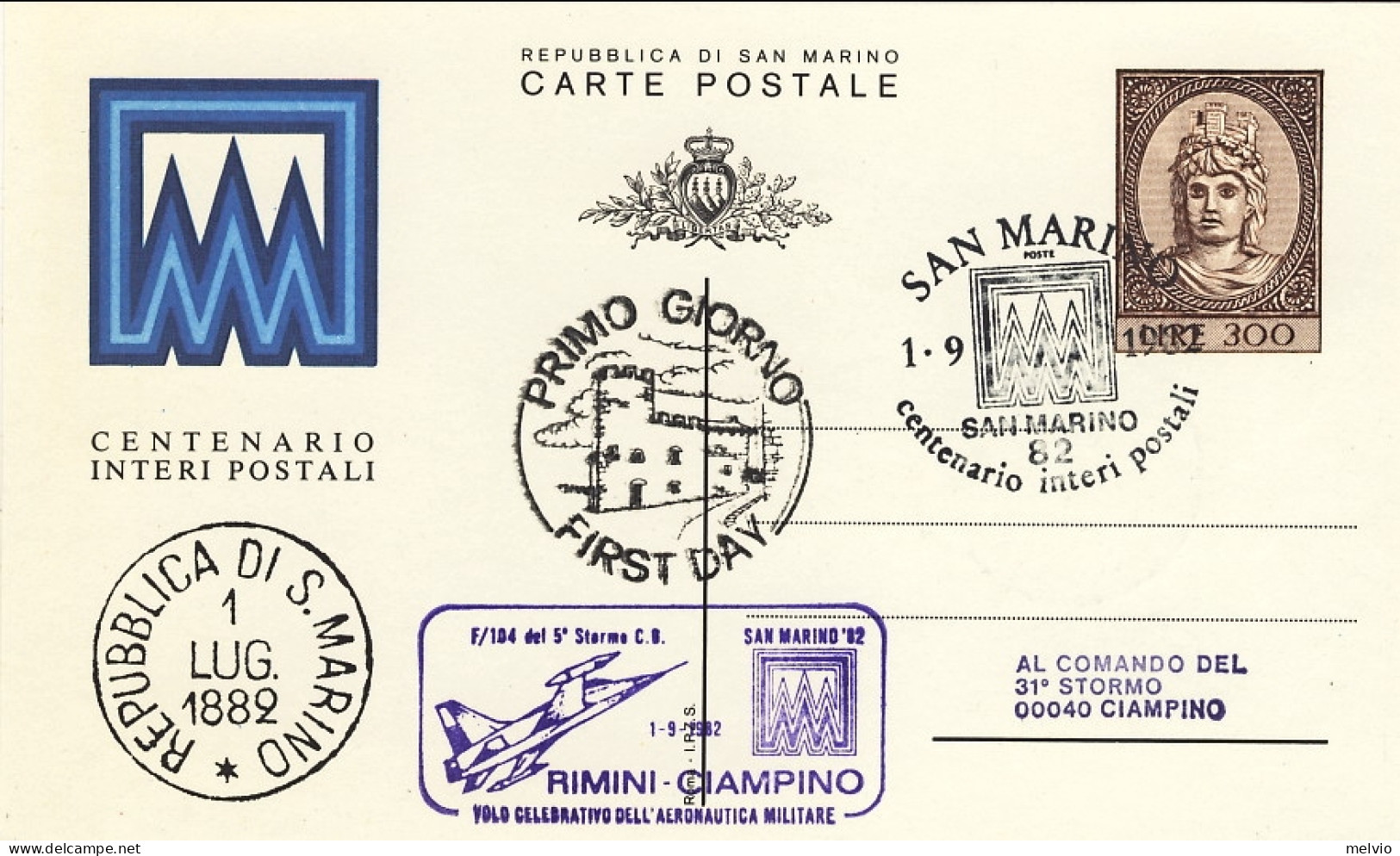 San Marino-1982 Cartolina Postale L.300 Annullo Fdc+bollo Centenario Interi Post - Poste Aérienne