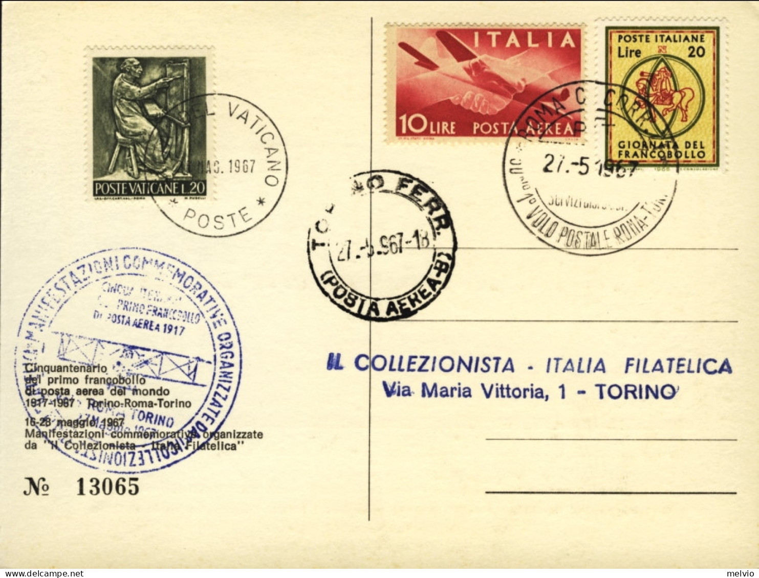 1967-cartolina Commemorativa 50^ Primo Francobollo Posta Aerea Volo Roma Torino  - Luchtpost