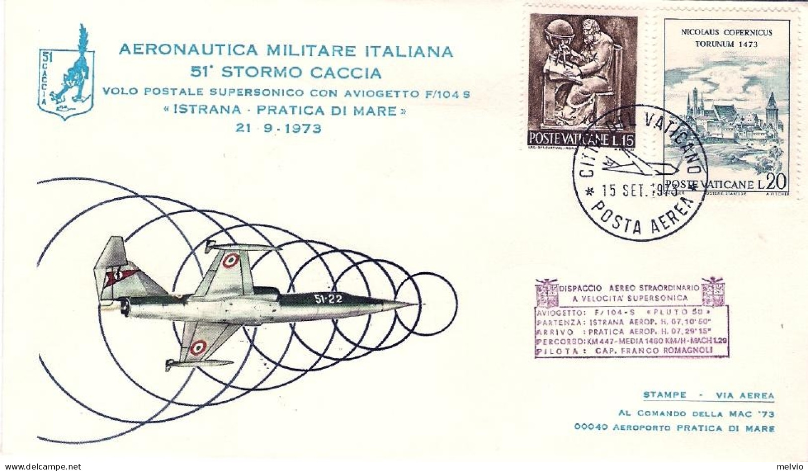 Vaticano-1973 Aeronautica Militare Italiana 51^ Stormo Caccia Dispaccio Aereo St - Luftpost