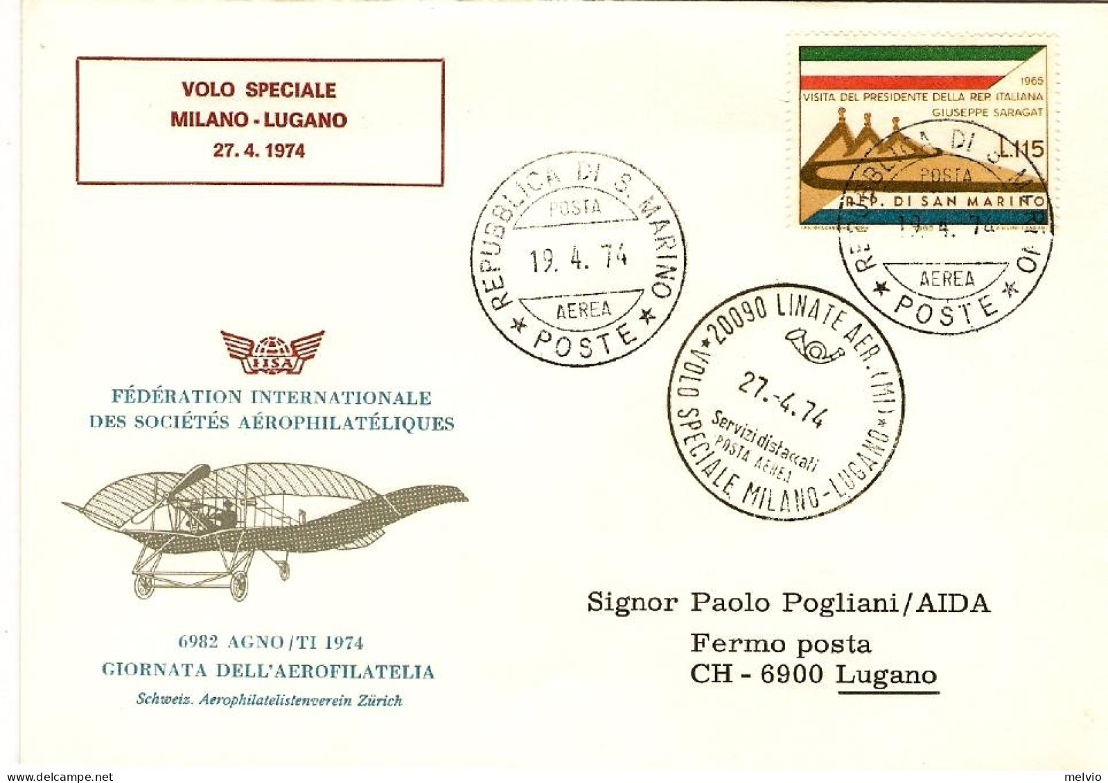 San Marino-1974 Agno Giornata Dell'aerofilatelia Volo Speciale Milano Lugano (tr - Poste Aérienne