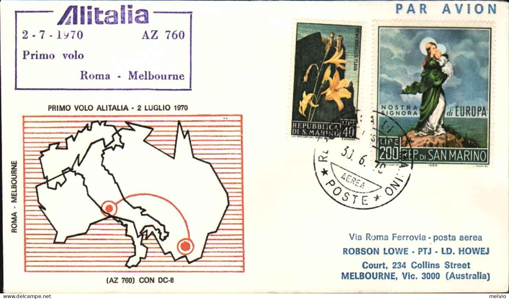 San Marino-1970 I^volo AZ 760 Alitalia Roma Melbourne (Australia) Del 2 Luglio - Poste Aérienne