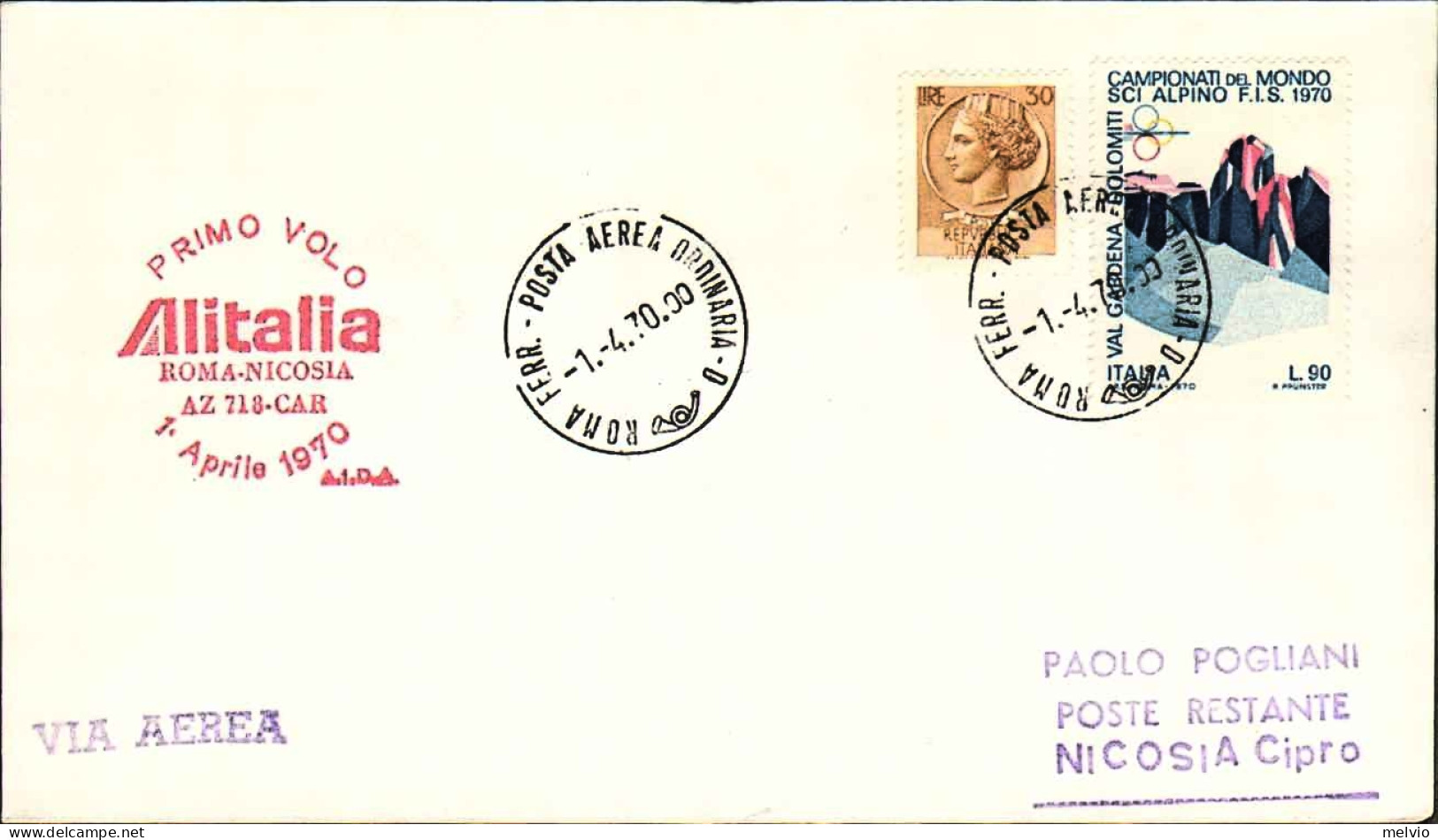 1970-I^volo Alitalia AZ 718 Roma Nicosia (Cipro) - Andere & Zonder Classificatie