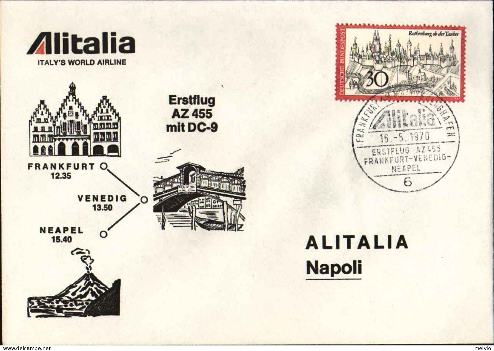 1970-Germania Alitalia AZ 455 I^volo Francoforte Napoli Del 16 Maggio - Cartas & Documentos