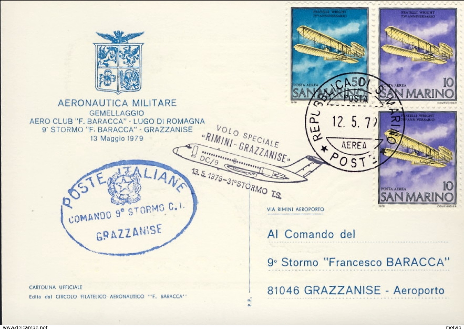 1979-San Marino Cartolina 9 Stormo Francesco Baracca Volo Speciale Rimini Grazza - Poste Aérienne