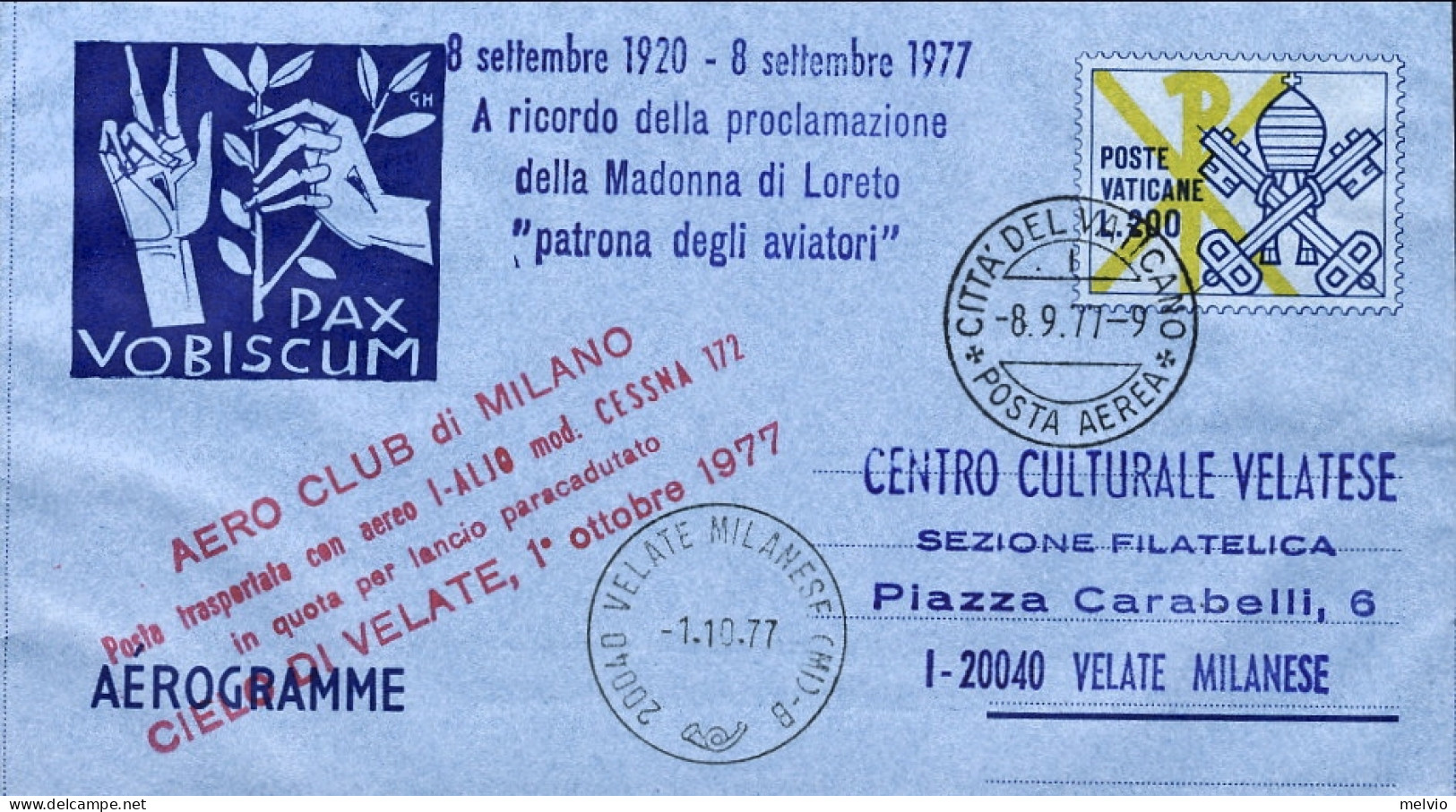 Vaticano-1977 L.200 Pax Vobiscum Bollo Posta Trasportata Con Aereo CESSNA In Quo - Airmail