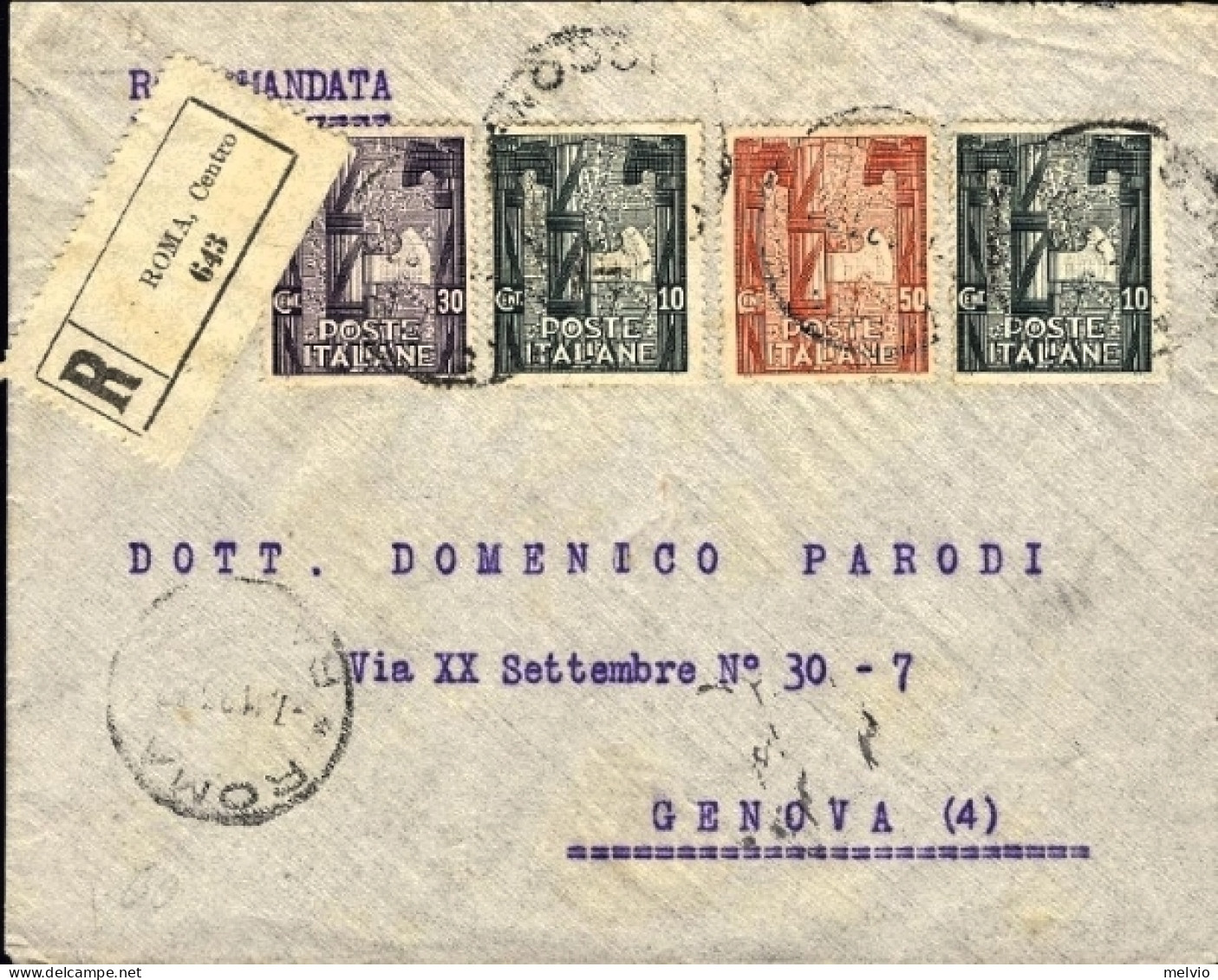 1923-cat.Sassone Euro 360 Busta Raccomandata Affr. Due 10c.+30c.+50c.Anniversari - Marcofilía