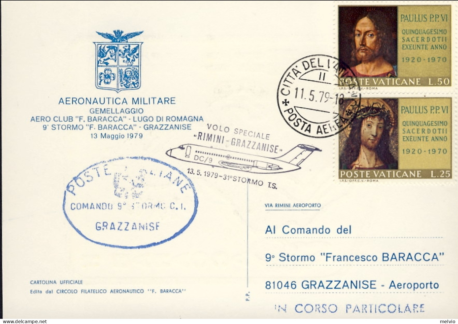 Vaticano-1979  Cartolina 9 Stormo Francesco Baracca Volo Speciale Rimini Grazzan - Posta Aerea