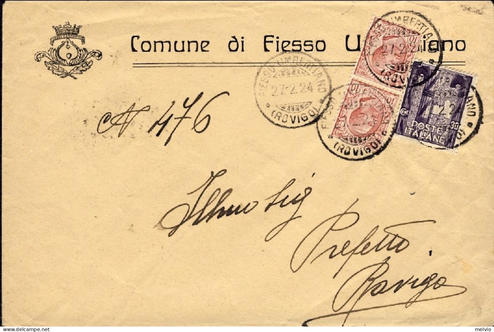 1924-cat.Sassone Euro 60, Busta Comunale Affr. Coppia 10c.Leoni Un Esemplare Con - Marcofilía