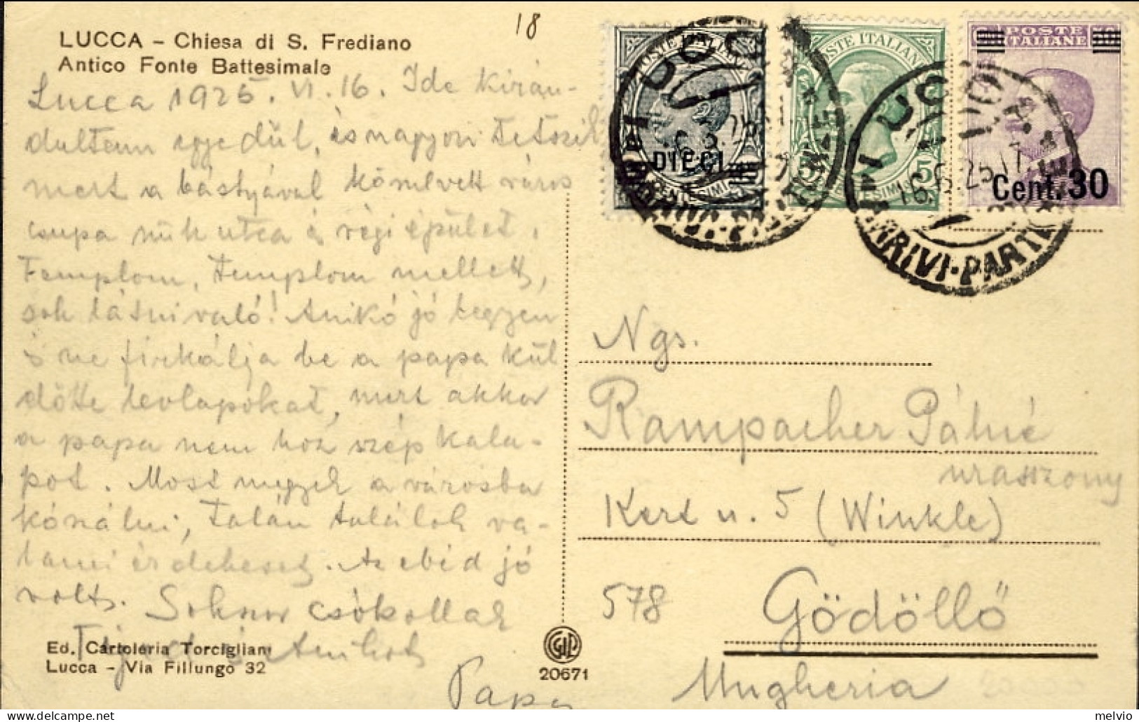 1925-cartolina Lucca Chiesa Di San Frediano Fonte Battesimale Diretta In Ungheri - Marcofilía