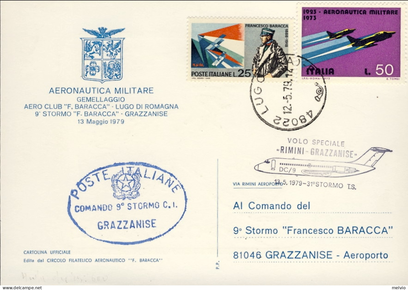 1979-cartolina 9 Stormo Francesco Baracca Volo Speciale Rimini Grazzanise - Correo Aéreo