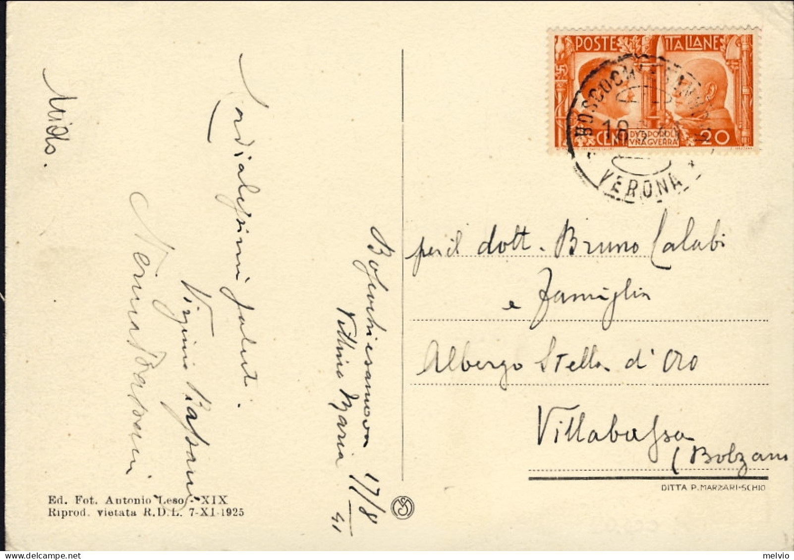 1941-cartolina Boscochiesanuova Verona Dintorni Affrancata 20c. Fratellanza D'ar - Verona