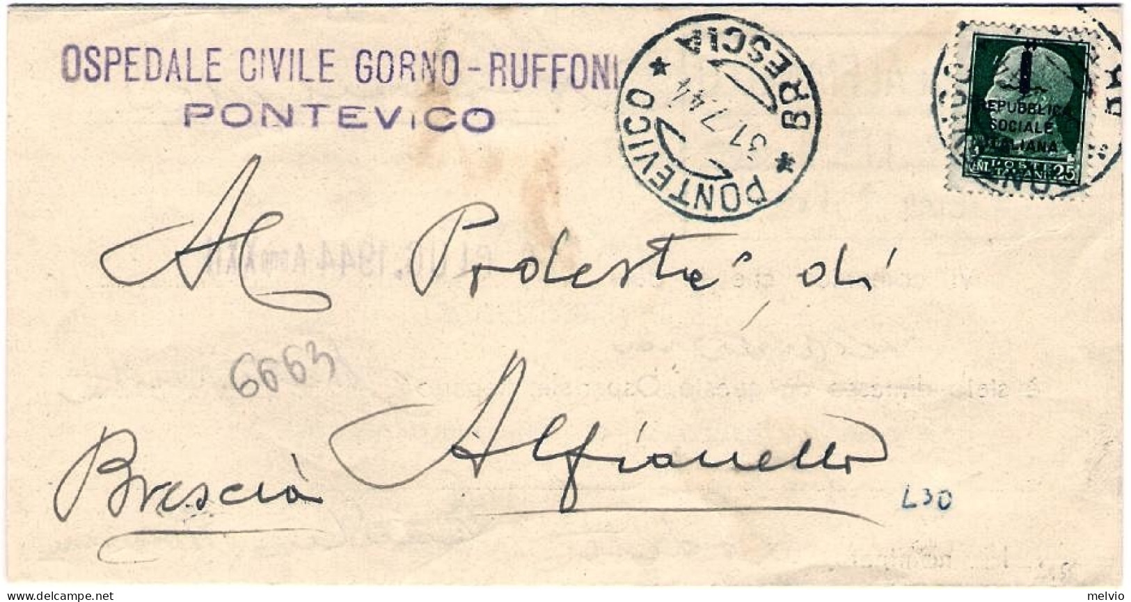 1944-piego Comunale Affrancato 25c. Fascetto Annullo Pontevico Brescia - Marcophilie