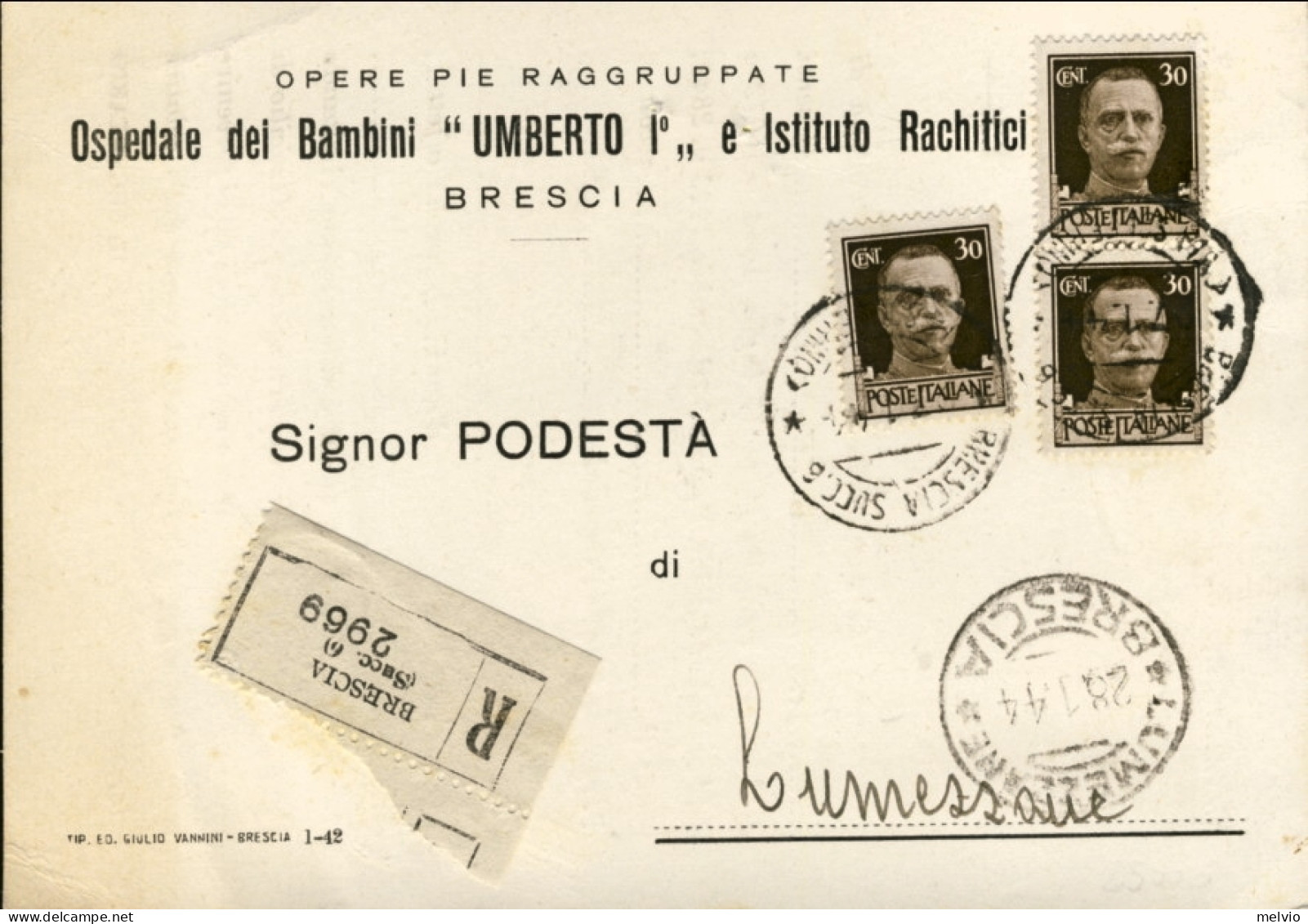 1944-RSI Cartolina Ospedaliera Raccomandata Affrancata Singolo+coppia 30c. Imper - Marcophilia