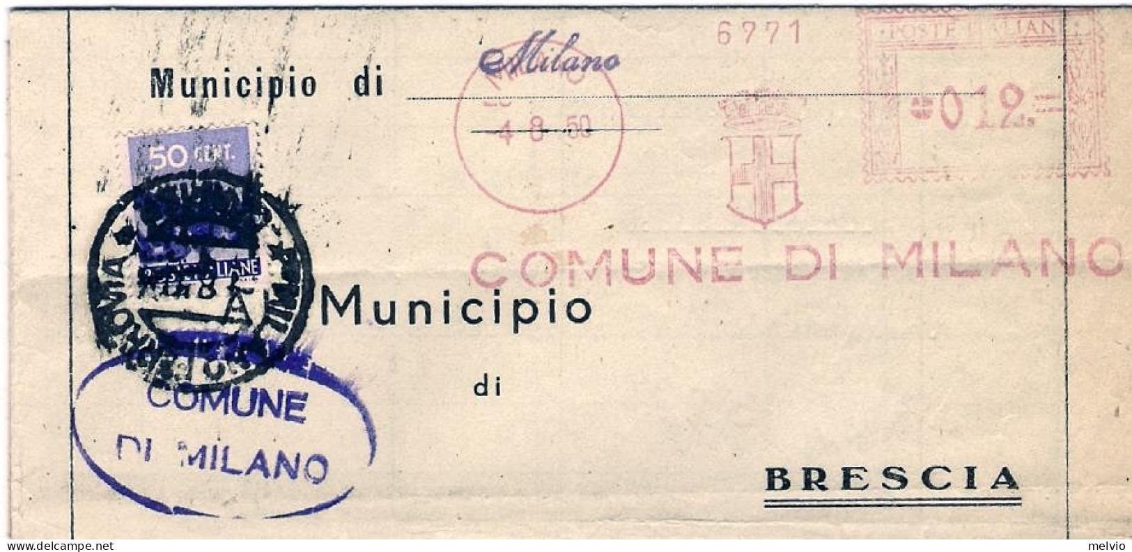 1950-piego Municipale Con Affrancatura Meccanica Rossa Da L.12 Del Comune Di Mil - Maschinenstempel (EMA)