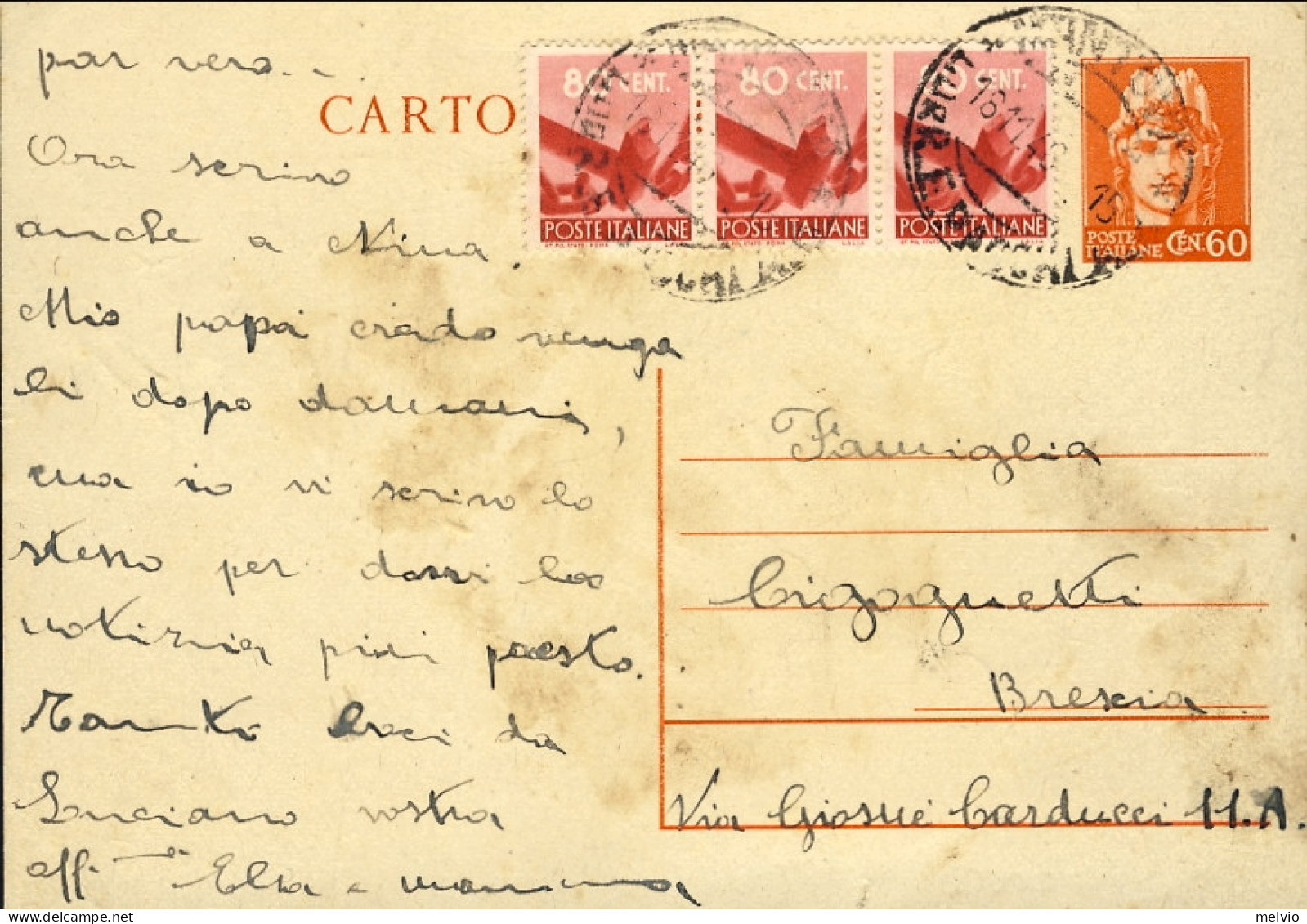 1946-intero Postale 60c.Turrita Senza Stemma Affrancatura Aggiunta Striscia 80c. - Ganzsachen