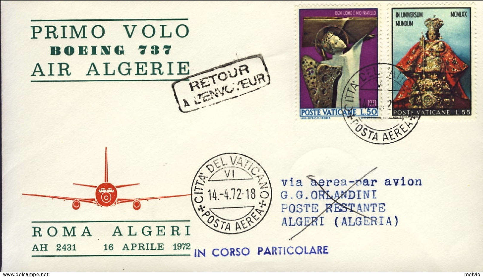 Vaticano-1972  Air Algerie I^volo Boeing 737 Roma Algeri Del 16 Aprile - Luftpost